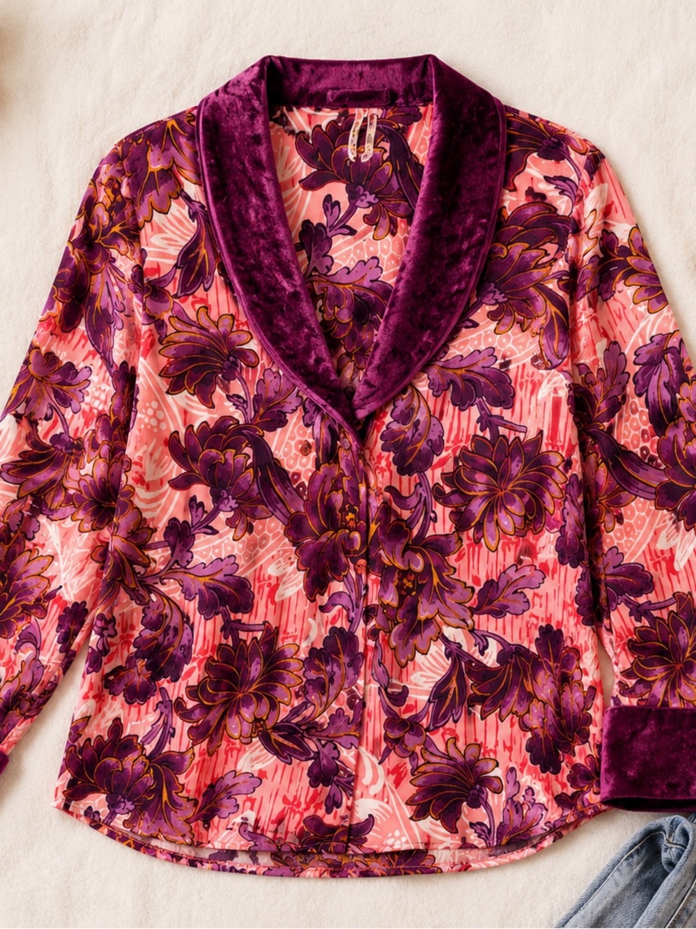 Anthropologie Velvet Trim Floral Blouse Medium Boho Statement Top